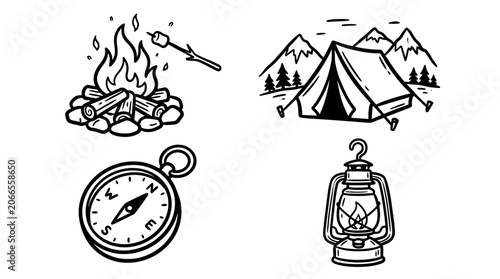 Camping Icons: Bonfire, Tent, Compass, Lantern
