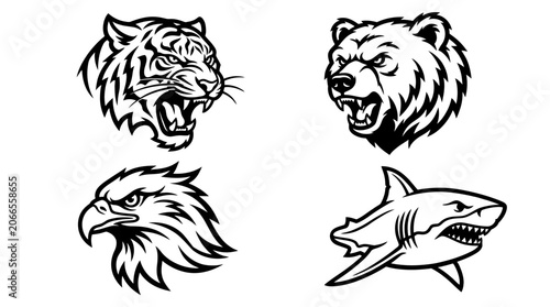 Aggressive Animals Vector Set: Tiger, Bear, Eagle, Shark