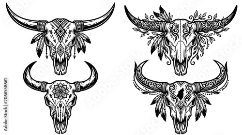 Boho Bull Skulls with Feathers and Ornate Designs
