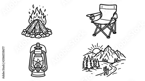 Camping Icons: Campfire, Chair, Lantern, Mountain Landscape with Hiker