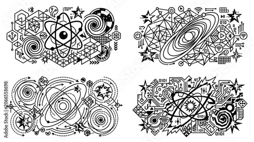 Abstract Science & Technology Patterns: Atoms, Galaxies, Circuits