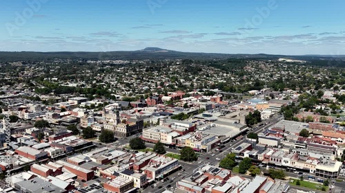 Aerial panorama of Ballarat city downtown streets and houses historic victorian architecture.