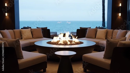 Luxury Resort Outdoor Lounge Area with Fire Pit Overlooking the Ocean at Sunset.