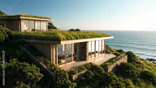 Modern eco friendly cliffside villa with green roof overlooking the ocean.