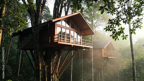 Beautiful wooden treehouse resort nestled in a lush green tropical rainforest.