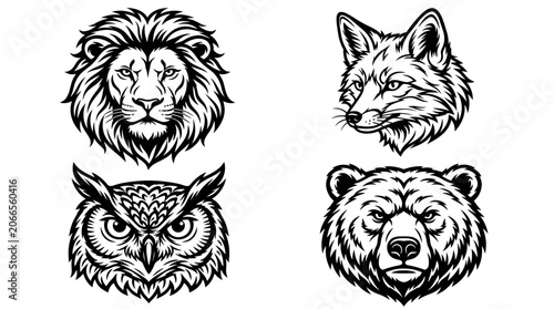 Photos Set of Four Animal Heads: Lion, Fox, Owl, Bear - Vector Art
