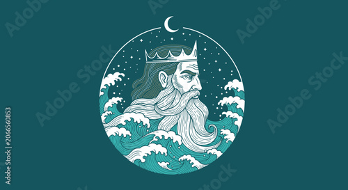 фотографія Artistic depiction of a crowned bearded king with flowing hair amidst ocean wave