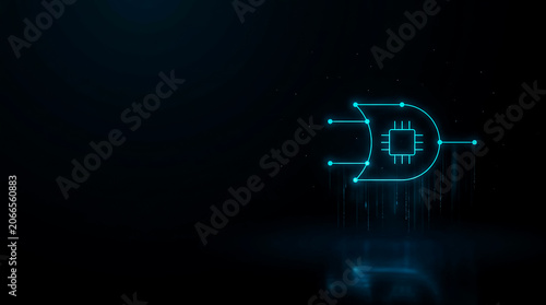 A high-tech, illuminated circuit board design featuring a glowing CPU chip, symbolizing advanced technology and digital innovation.