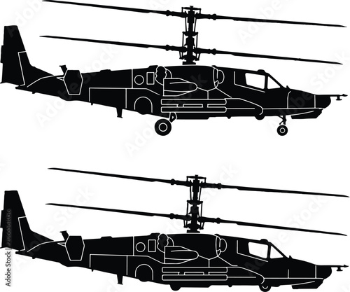 Canvastavla Military attack helicopter silhouette vector, black combat chopper with coaxial