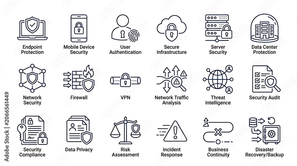 Fototapeta premium Cybersecurity icons set illustrates essential digital protection measures and network infrastructure safety protocols in a clear linear style.