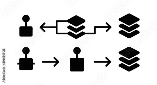 Abstract Process Flow Icons: Data Layers, User Input, and Transformation