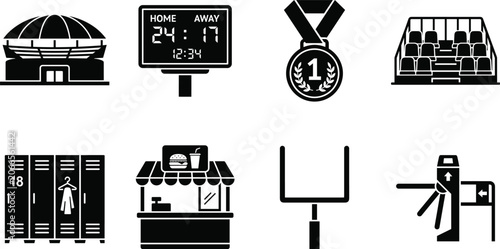Fotografie Stadium icons set for image featuring arena scoreboard medal bleachers lockers f