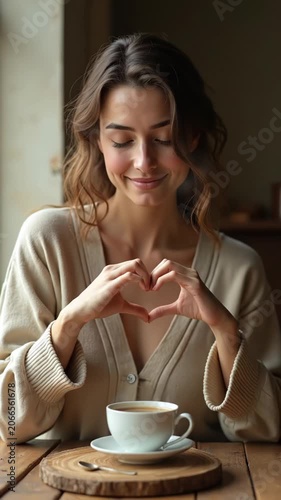 A happy young woman sitting in a cozy cafe making a heart shape with her hands over a cup of coffee.