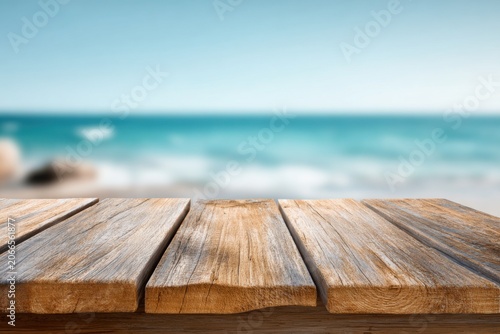 Rustic Wooden Table Surface with Blurred Tropical Beach and Ocean Background.