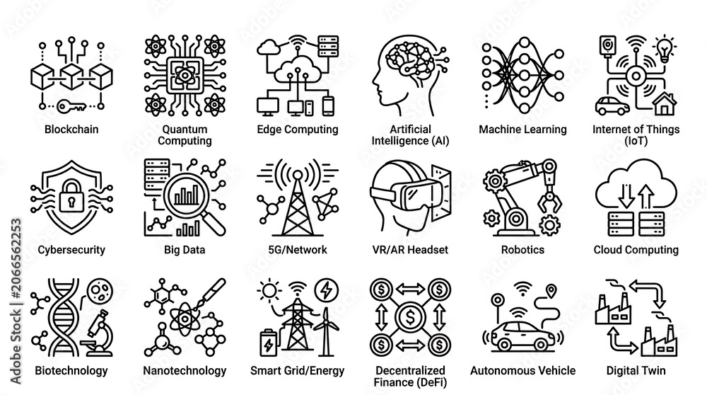 Fototapeta premium Modern technology concepts are displayed as a collection of linear icons covering artificial intelligence and network systems.