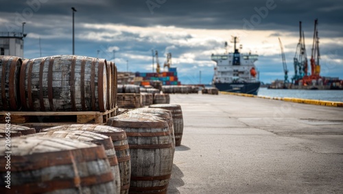 Wooden Barrels Lined Up at a Busy Industrial Port with Ships and Cranes.