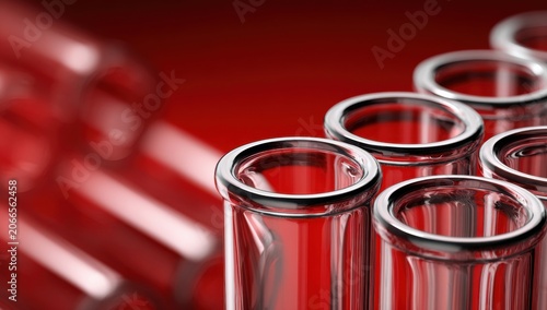 Close up of test tubes filled with red liquid on a red background.