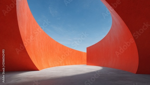 Vibrant Orange Architectural Curves Against a Clear Blue Sky.