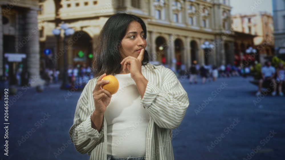 Fototapeta premium Young hispanic woman holding an orange and pointing finger to temple while looking up on a crowded cobblestone street with classical architecture; quiet contemplation.