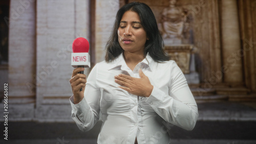 Konstfotografi Woman reporter holding red microphone and covering mouth with hand in front of building columns and statue; shock vulnerability