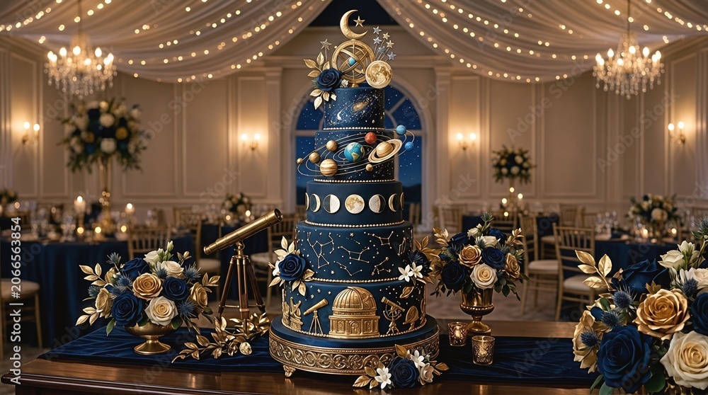 Obraz premium Luxurious celestial-themed wedding reception. Cake decorated with planets, stars, moon phases, and constellations