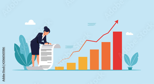 Professional woman reviews a very long paper document next to a rising bar chart arrow to represent financial auditing and long term business growth.