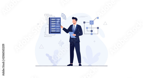 IT Professional in Suit Points to Server Rack and Network Diagram, Illustrating Data Management and System Analysis