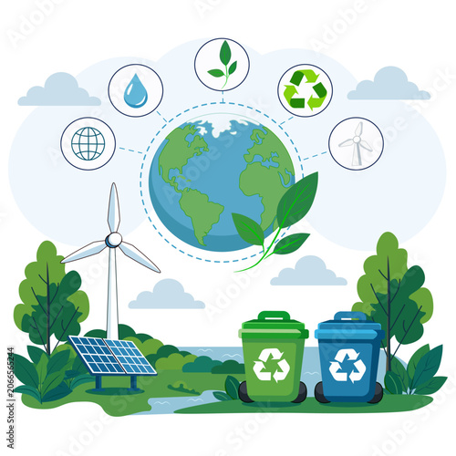 Eco Friendly Planet with Renewable Energy Sources and Recycling Concept Vector Illustration