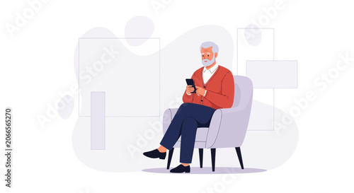 Elderly Man Sitting in Armchair Using Smartphone - Modern Flat Vector Illustration