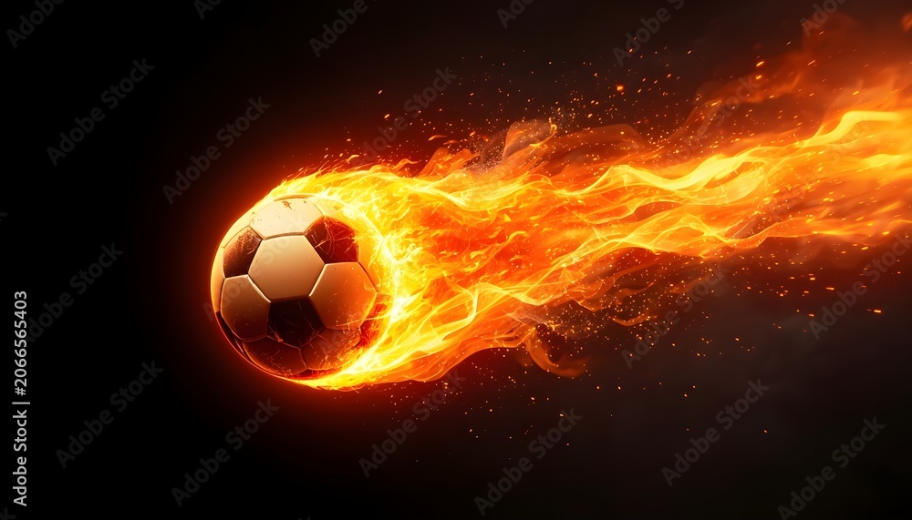 Fototapeta premium Soccer football on fire flying fast through the air with blazing flames comet trail on black background dynamic power speed concept for sports tournament championship digital illustration artwork