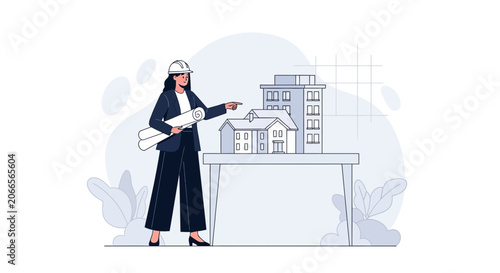 Female architect presenting building models and blueprints, concept of construction, planning, design, and urban development