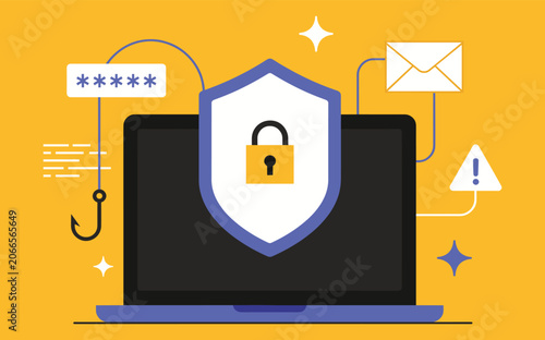 Laptop with shield and lock symbol for cybersecurity, vector illustration