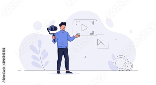 Filmmaker with Camera Gimbal Presents Video Creation Concept, Showing Play Button and Editing Elements
