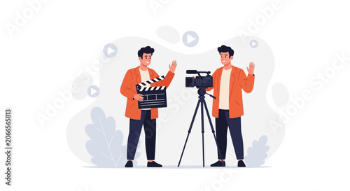 Filmmaking Scene: Director with Clapperboard and Cameraman with Video Camera, Modern Flat Illustration Style