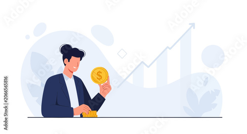 Financial Growth Illustration: Businessman with Gold Coins and Upward Trend Graph