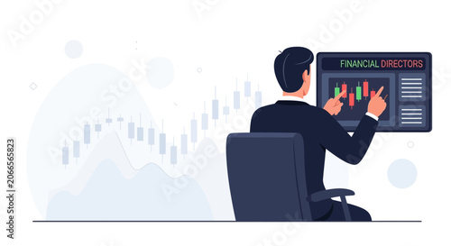 Financial Director Analyzing Stock Market Candlestick Chart on Digital Display