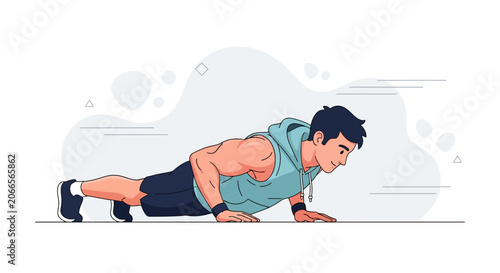 Fit Man Doing Push-ups in Stylish Flat Illustration Style with Minimalist Background