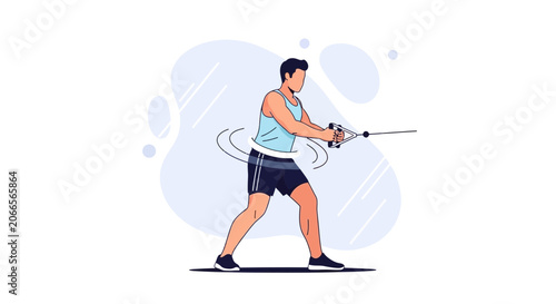 Fit Man Performing Cable Fitness Exercise, Strength Training, Modern Vector Illustration