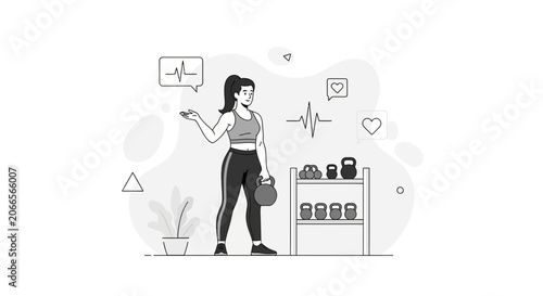 Fitness Woman with Kettlebell and Heartbeat Icon, Vector Illustration for Health, Workout, and Wellness Concepts