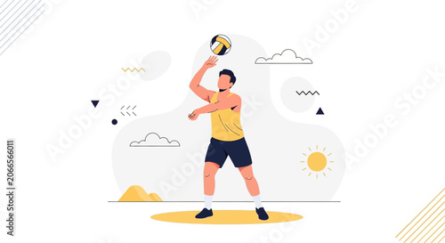 Flat Design Illustration of a Man Playing Volleyball - Sports, Fitness, Outdoor Activity