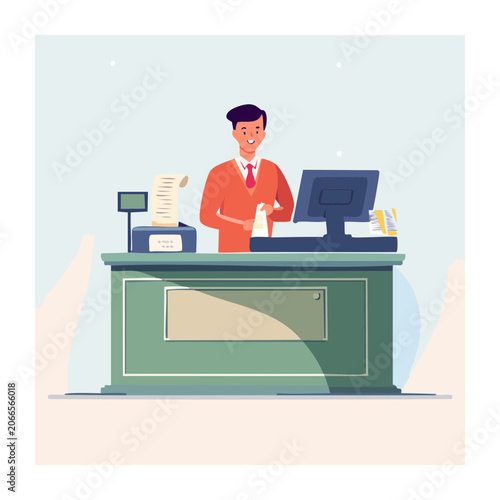 Cashier working at a retail counter with cash register and computer