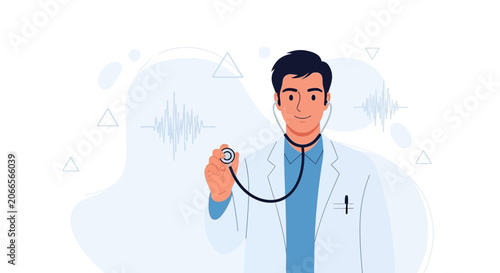 Friendly Male Doctor with Stethoscope Performing Checkup, Vector Illustration