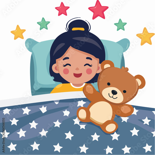 Child Sleeping with Teddy Bear and Stars