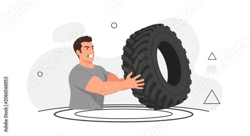 Frustrated Man Struggling to Push a Large Tractor Tire