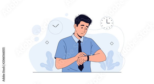 Frustrated Businessman Checking Watch, Concept of Time Management and Lateness, Modern Flat Illustration