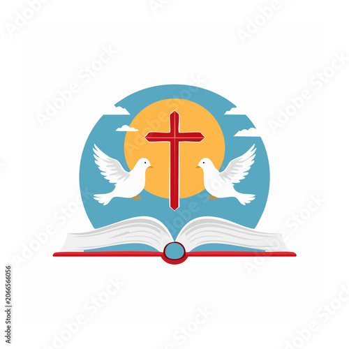 Christian cross with doves and open book