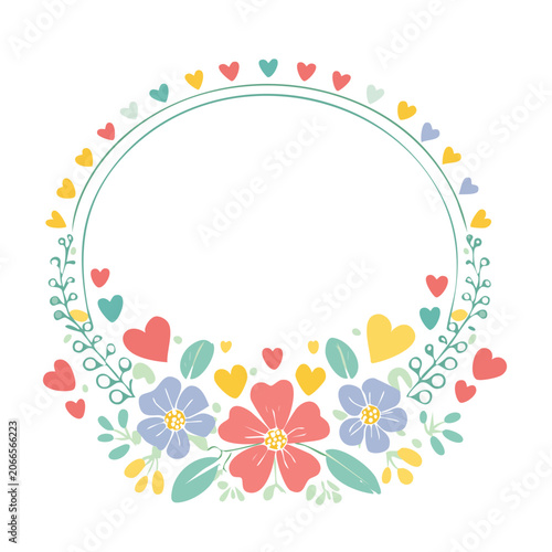 Flat design floral wreath with hearts and butterflies