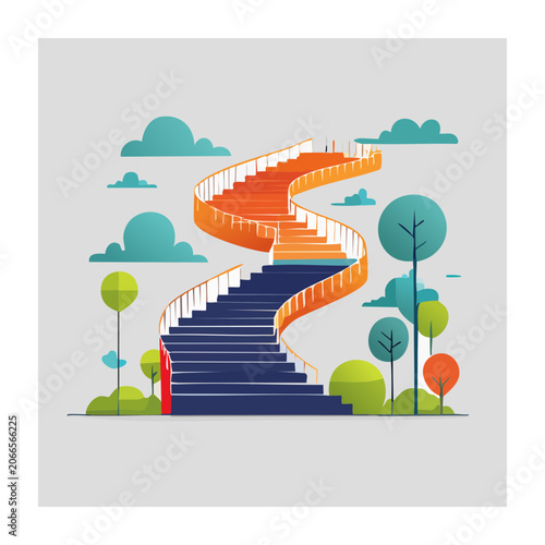 Flat design curved staircase with trees and clouds
