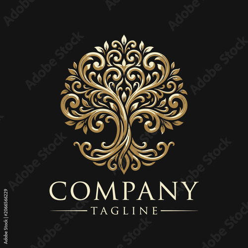 Golden ornate tree logo on black background