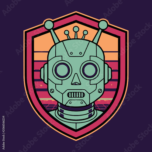 Retro robot head shield logo with sunset background.